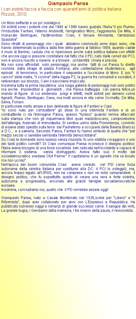 Casella di testo: Giampaolo PansaI cari estinti-faccia a faccia con quarant'anni di politica italianaRizzoli, 2010Un titolo beffardo e un po' nostalgico.Gli estinti sono i potenti che dal 1948 al 1989 hanno guidato l'Italia:"il pio Rumor, l'irriducibile Fanfani, l'eterno Andreotti, l'enigmatico Moro, l'aggressivo De Mita, il monacale Berlinguer, l'ardimentoso Craxi, il tenace Almirante, l'ambizioso Spadolini".Sono ritratti di personaggi con i quali  abbiamo convissuto anno dopo anno, che hanno determinato la politica dalla fine della guerra al fatidico 1989, quando cadde il muro di Berlino, caduta che si ripercosse anche sulla politica italiana con effetti che ancora oggi si possono constatare nel fatto che il PD, nato dalle ceneri del PCI, non  ancora riuscito a riaversi  e a trovare   un'identit  chiara e precisa.Ma non sono affrontati  solo personaggi, ma anche  fatti di cui Pansa fu diretto cronista: dalla strage di piazza Fontana, alla contestazione studentesca,  agli episodi  di terrorismo, in particolare il sequestro e l'uccisione di Moro. E poi "il cancro" della mafia, "il ciclone" della loggia P2, la guerra fra comunisti e socialisti, il referendum sul divorzio, Calvi il banchiere impiccato.Insomma tutta la prima repubblica: una lunga galleria di personaggi non solo politici ma anche  imprenditori e  giornalisti , che Pansa tratteggia  con penna felice,un mondo di figure  di cui evidenzia  pregi e difetti, molti estinti per davvero come Agnelli, Rumor, Berlinguer, Gava, ma molti ancora in vita come Occhetto, De Mita, Selva, Forlani.In particolare molto ampie e ben delineate le figure di Fanfani e Craxi."Io sono nato per combattere" gli disse in una intervista Fanfani e di un combattente ci d l'immagine Pansa, spesso "furioso" quando veniva attaccato sulla stampa che non gli risparmiava titoli quali mezzotoscano, campionissimo dell'alterigia, foderato di immodestia. Si sentiva uomo della Provvidenza, convinto di essere stato spedito sulla terra  dal Padreterno a occuparsi della Balena Bianca,l a D.C.,  e a salvarla. Secondo Pansa, Fanfani fu l'uomo simbolo di quella che "per mezzo secolo ci sarebbe sembrata l'eternit democristiana".Su Craxi le domande sono spesso senza risposta: fu uno statista coraggioso o uno dei tanti politici corrotti? Di Craxi comunque Pansa riconosce il disegno politico: l'Italia aveva bisogno di una forza socialista  ben radicata nell'occidente e capace di riformare il sistema  senza distruggerlo. Aveva fatto suo il motto del socialdemocratico svedese Olof Palme:" Il capitalismo  un agnello che va tosato ma non ucciso".Nell'epoca del boom comunista Craxi  aveva creduto  nel PSI come forza autonoma della sinistra italiana per sostituirsi alla DC: il PCI lo osteggi, ma, ancora troppo legato all'URSS, non ne comprese o non ne volle comprendere  il disegno politico, che fu soprattutto quello di creare una vera e forte sinistra, autonoma e progressista, ancorata alle grandi famiglie socialdemocratiche  europee.Insomma, concludiamo noi, quello che  il PD vorrebbe essere oggi!Giampaolo Pansa, nato a Casale Monferrato nel 1935,scrive per "Libero" e "Il Riformista", dopo aver collaborato per anni con L'Espresso e Repubblica. Ha pubblicato numerosi saggi e romanzi di grande successo come: Il sangue dei vinti, La grande bugia, I Gendarmi della memoria, I tre inverni della paura, Il revisionista.